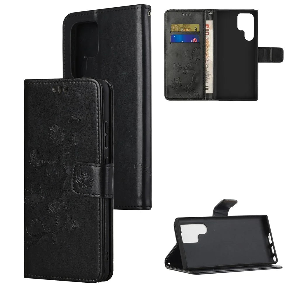 For Samsung Galaxy S23 Ultra Butterfly Flower Imprinted PU Leather Phone Case Wallet Stand Feature Smartphone Cover - Black - 6