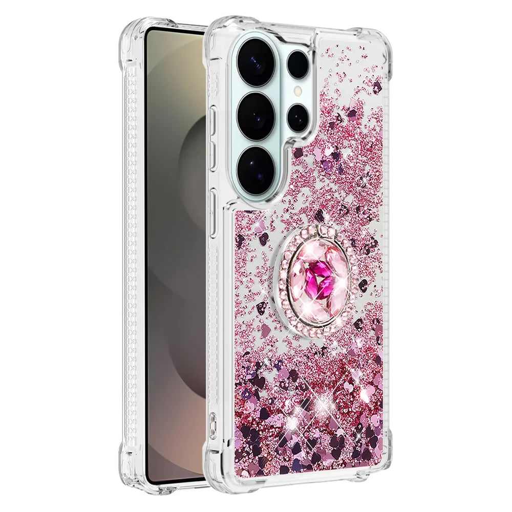For Samsung Galaxy S26 Ultra TPU Case with Kickstand Quicksand Shockproof Cover - Rose Gold / Hearts - 1