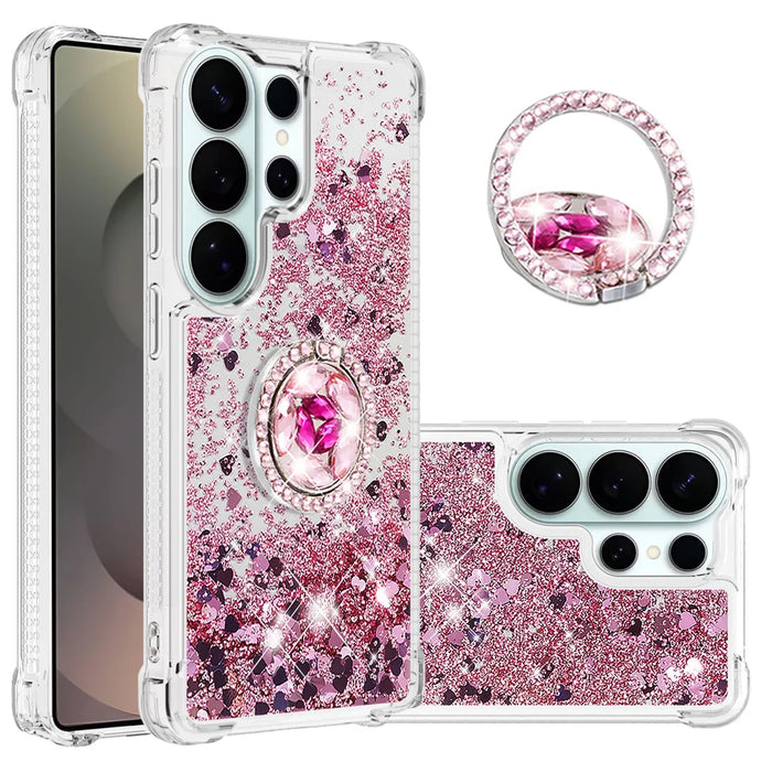 For Samsung Galaxy S26 Ultra TPU Case with Kickstand Quicksand Shockproof Cover - Rose Gold / Hearts - 2