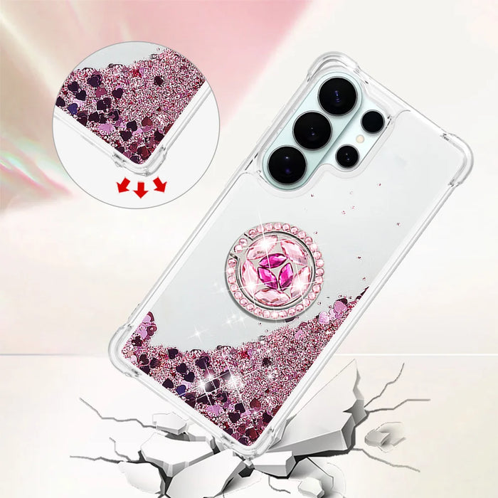 For Samsung Galaxy S26 Ultra TPU Case with Kickstand Quicksand Shockproof Cover - Rose Gold / Hearts - 4