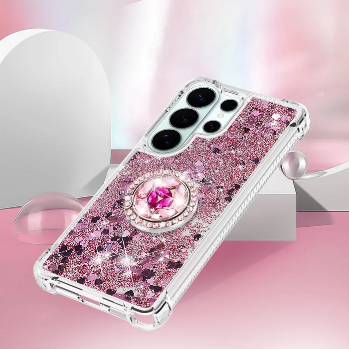 For Samsung Galaxy S26 Ultra TPU Case with Kickstand Quicksand Shockproof Cover - Rose Gold / Hearts - 5