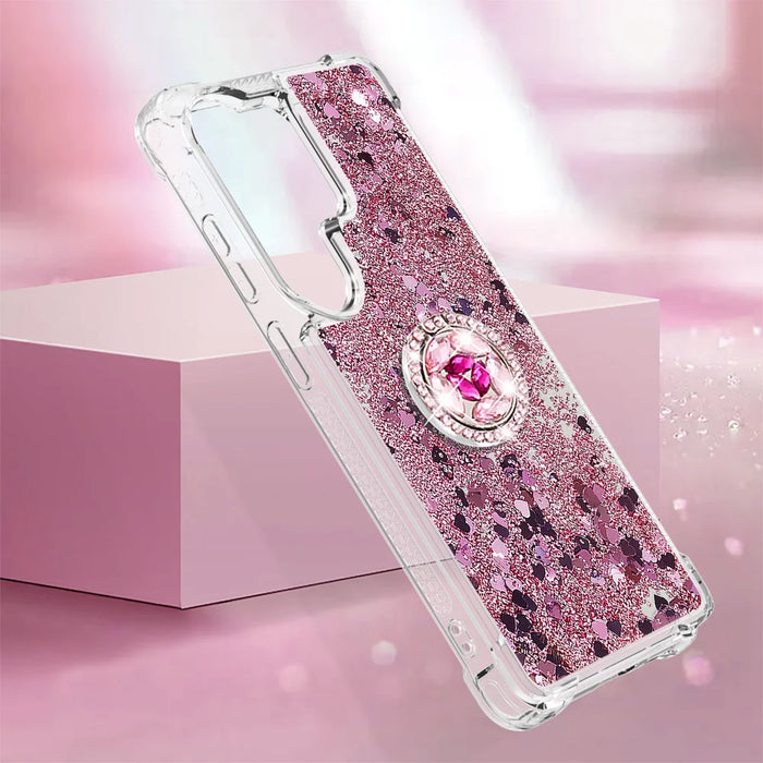 For Samsung Galaxy S26 Ultra TPU Case with Kickstand Quicksand Shockproof Cover - Rose Gold / Hearts - 6