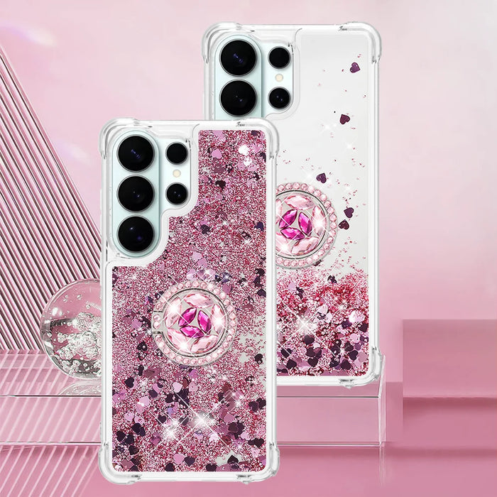 For Samsung Galaxy S26 Ultra TPU Case with Kickstand Quicksand Shockproof Cover - Rose Gold / Hearts - 7