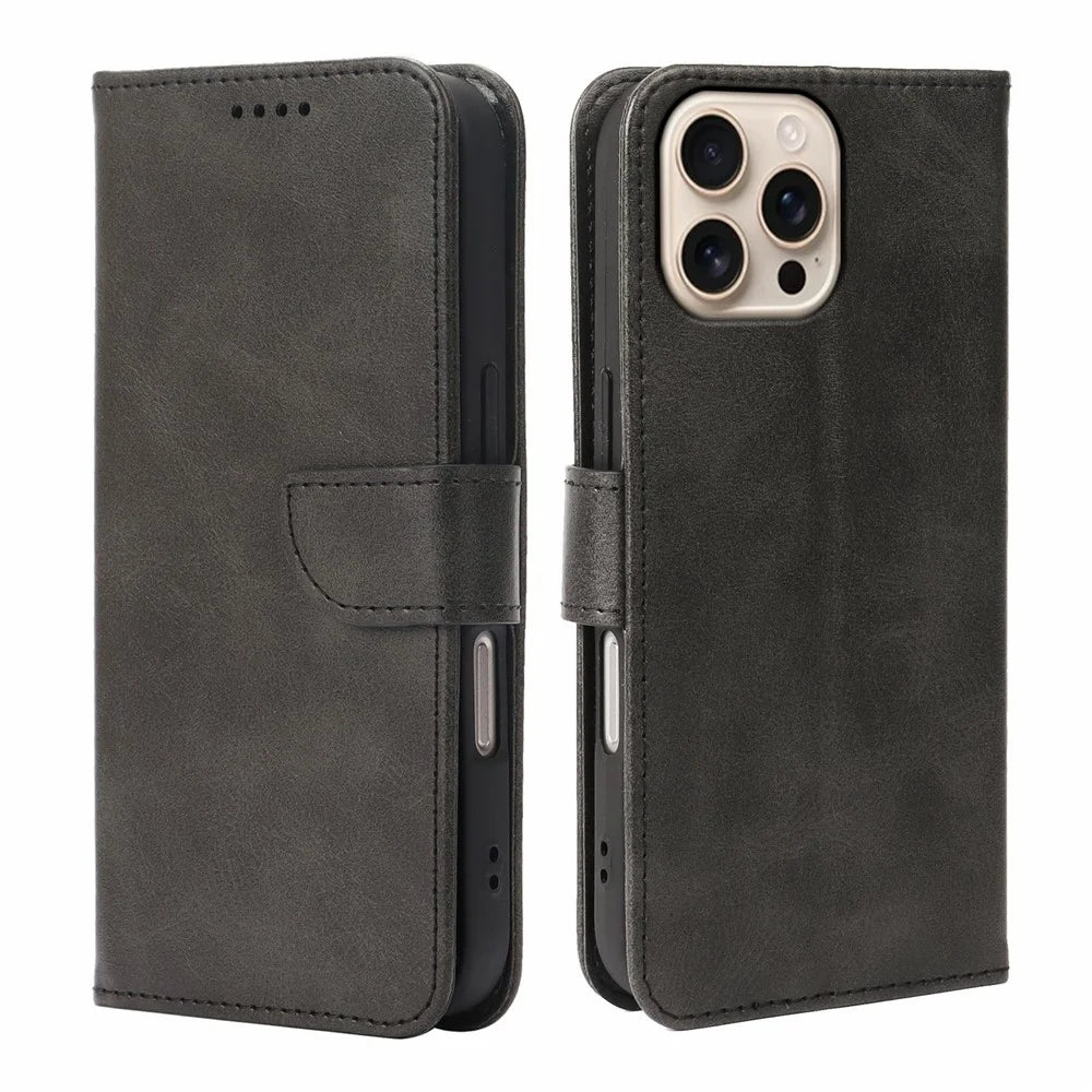 For iPhone 16 Pro Max Case Wallet Stand Magnetic Closure Calf Texture Leather Phone Cover - Black - 1
