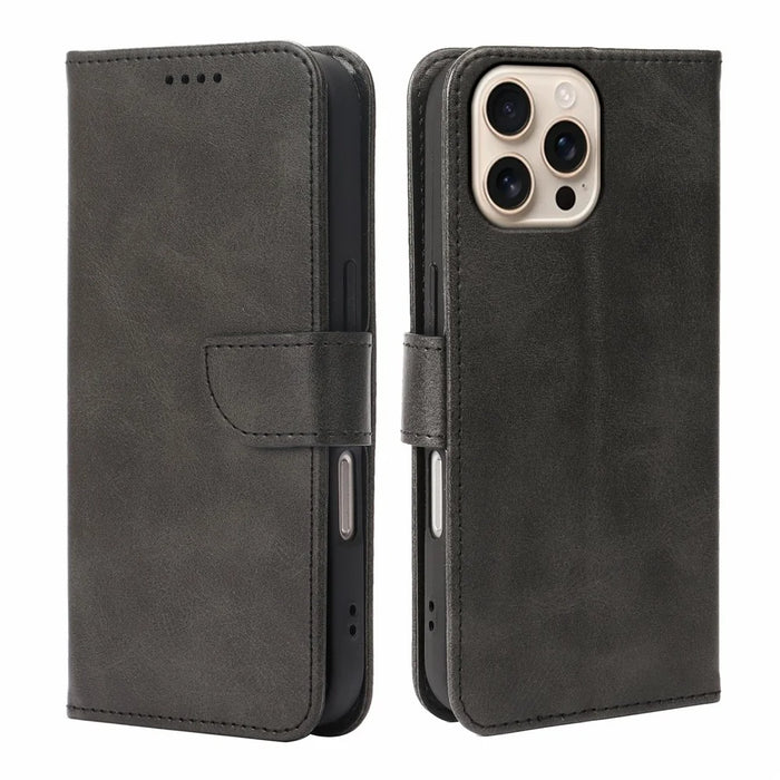 For iPhone 16 Pro Max Case Wallet Stand Magnetic Closure Calf Texture Leather Phone Cover - Black - 1