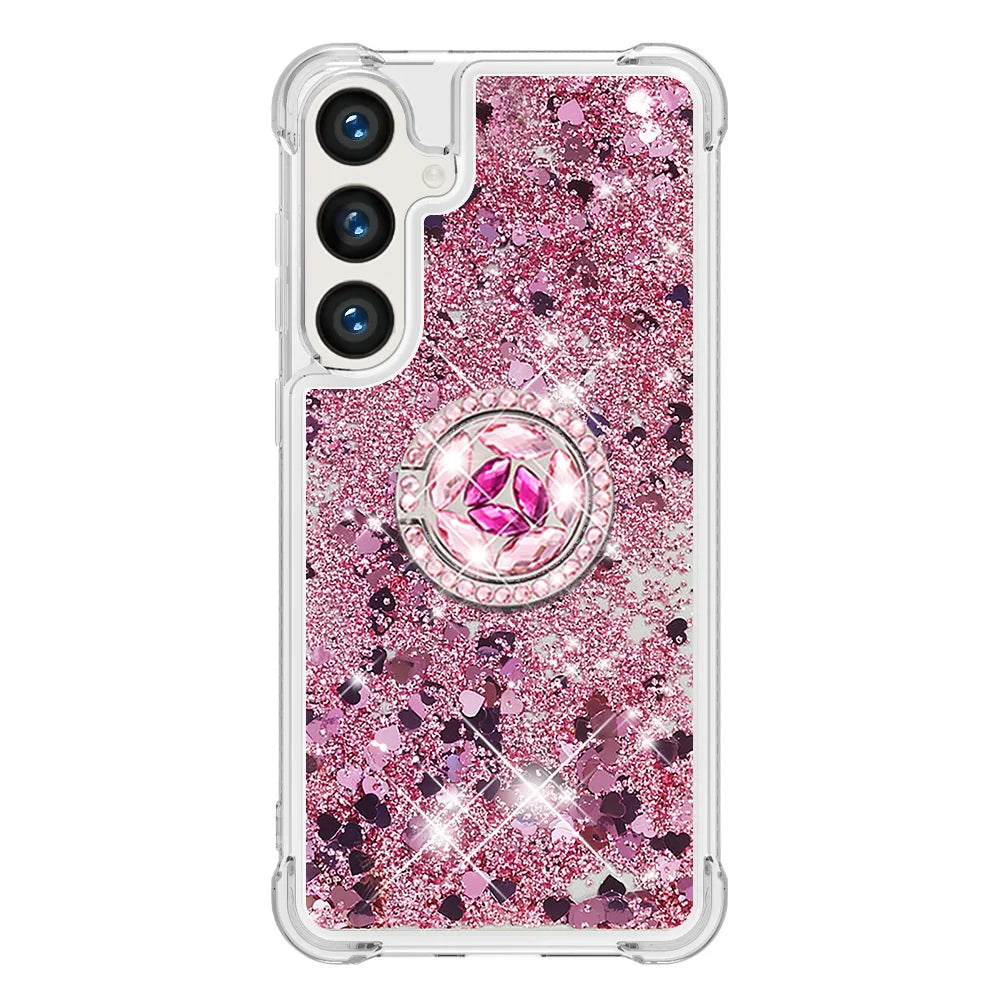 For Samsung Galaxy S26 TPU Case with Kickstand Quicksand Shockproof Cover - Rose Gold / Hearts - 3