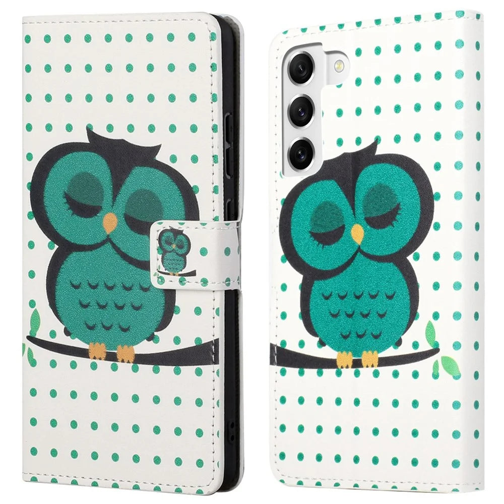 For Samsung Galaxy S23 Phone Case, Pattern Printing Full Protection PU Leather Folio Flip Wallet Cover with Stand - Dots  /  Owl - 1