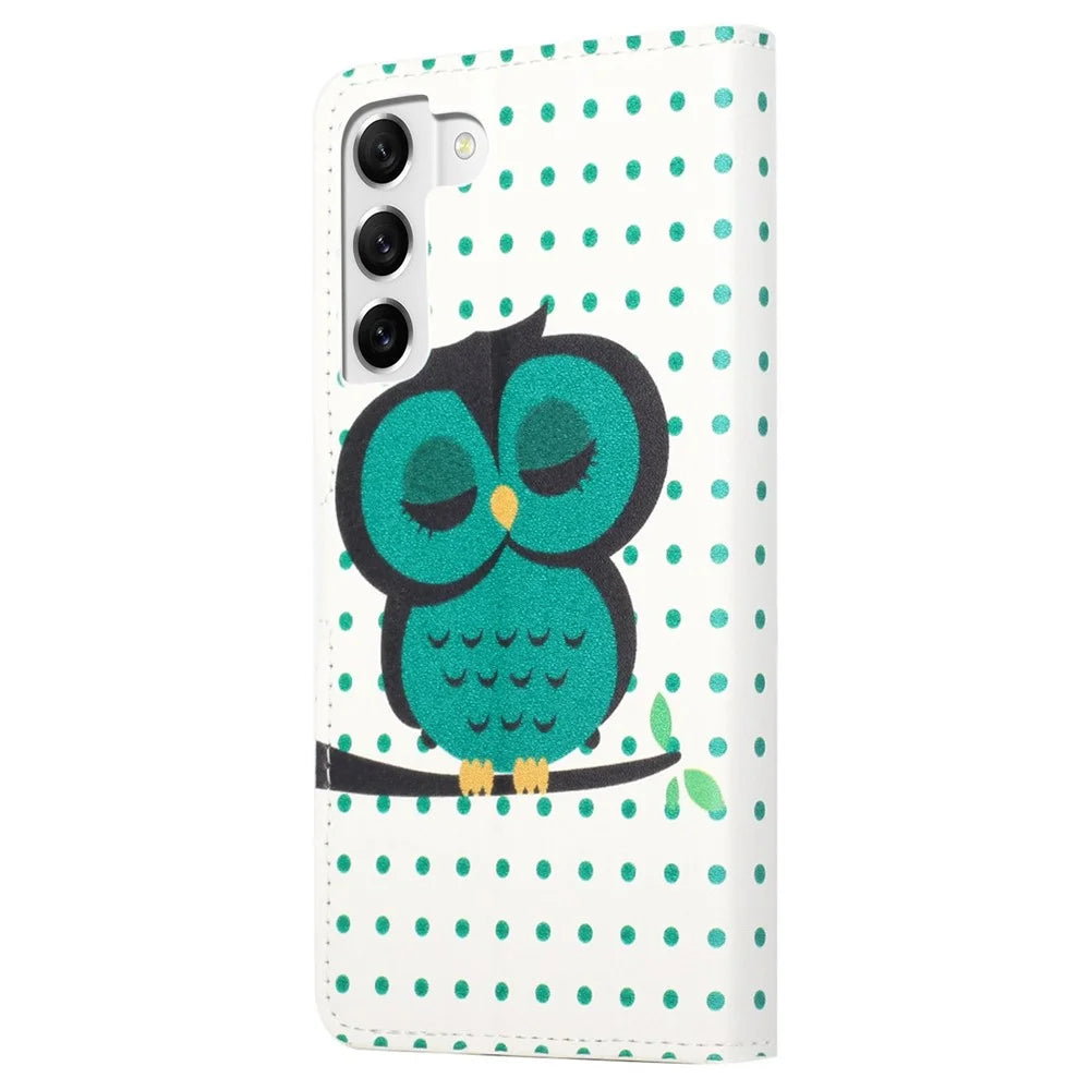 For Samsung Galaxy S23 Phone Case, Pattern Printing Full Protection PU Leather Folio Flip Wallet Cover with Stand - Dots  /  Owl - 6