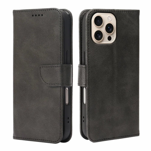 For iPhone 16 Pro Case Wallet Stand Magnetic Closure Calf Texture Leather Phone Cover - Black - 1