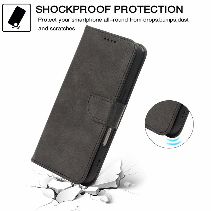 For iPhone 16 Pro Case Wallet Stand Magnetic Closure Calf Texture Leather Phone Cover - Black - 5