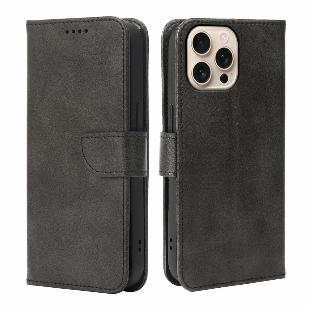 For iPhone 15 Pro Max Case Wallet Stand Magnetic Closure Calf Texture Leather Phone Cover - Black - 1