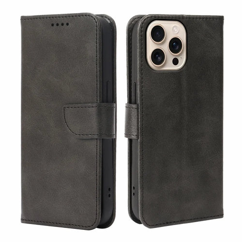 For iPhone 15 Pro Max Case Wallet Stand Magnetic Closure Calf Texture Leather Phone Cover - Black - 1