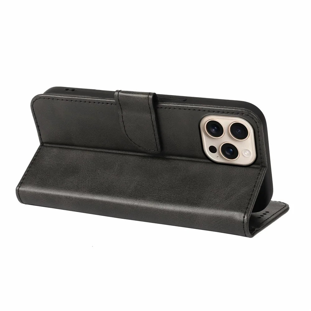 For iPhone 15 Pro Case Wallet Stand Magnetic Closure Calf Texture Leather Phone Cover - Black - 4