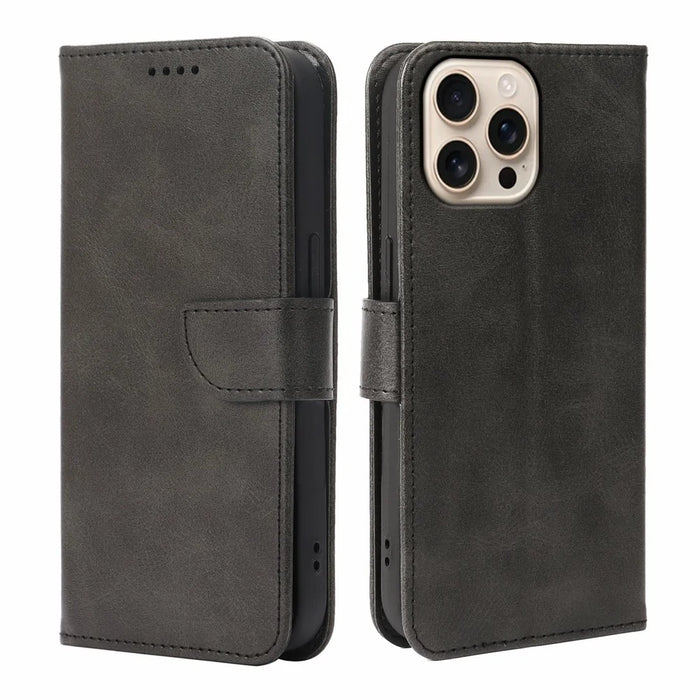 For iPhone 14 Pro Case Wallet Stand Magnetic Closure Calf Texture Leather Phone Cover - Black - 1