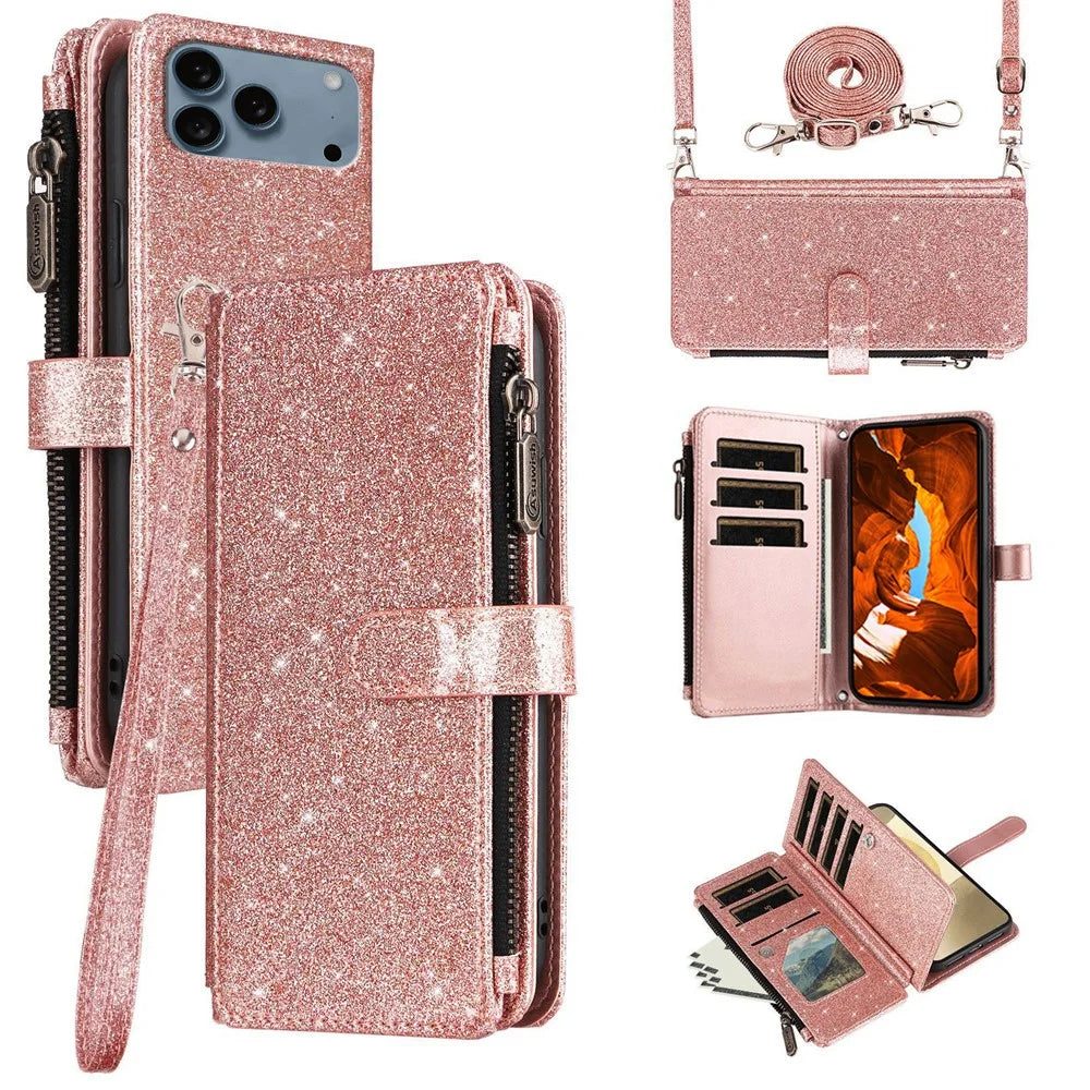 ASUWISH For iPhone 17 Pro Max Case 10 Card Holder Glitter Leather Phone Cover with Crossbody Strap - Rose Gold - 1