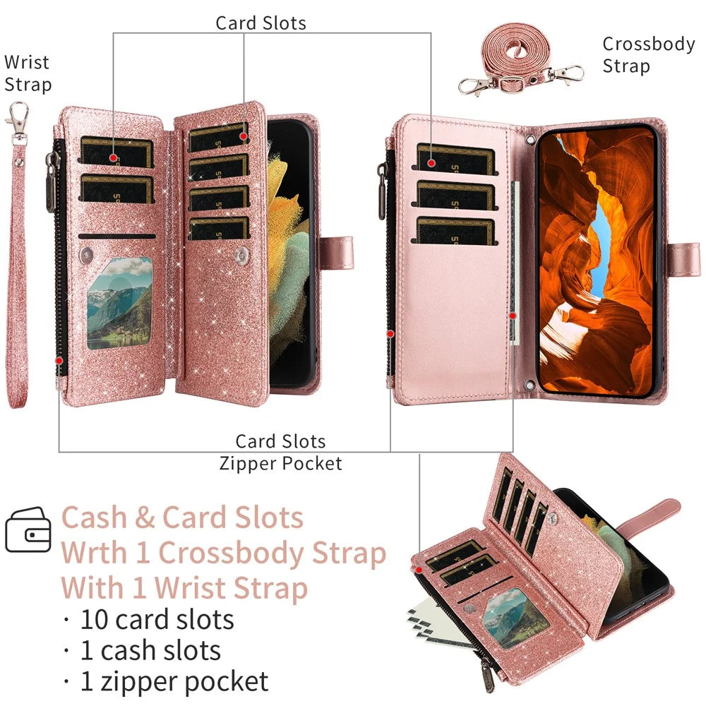 ASUWISH For iPhone 17 Pro Max Case 10 Card Holder Glitter Leather Phone Cover with Crossbody Strap - Rose Gold - 2