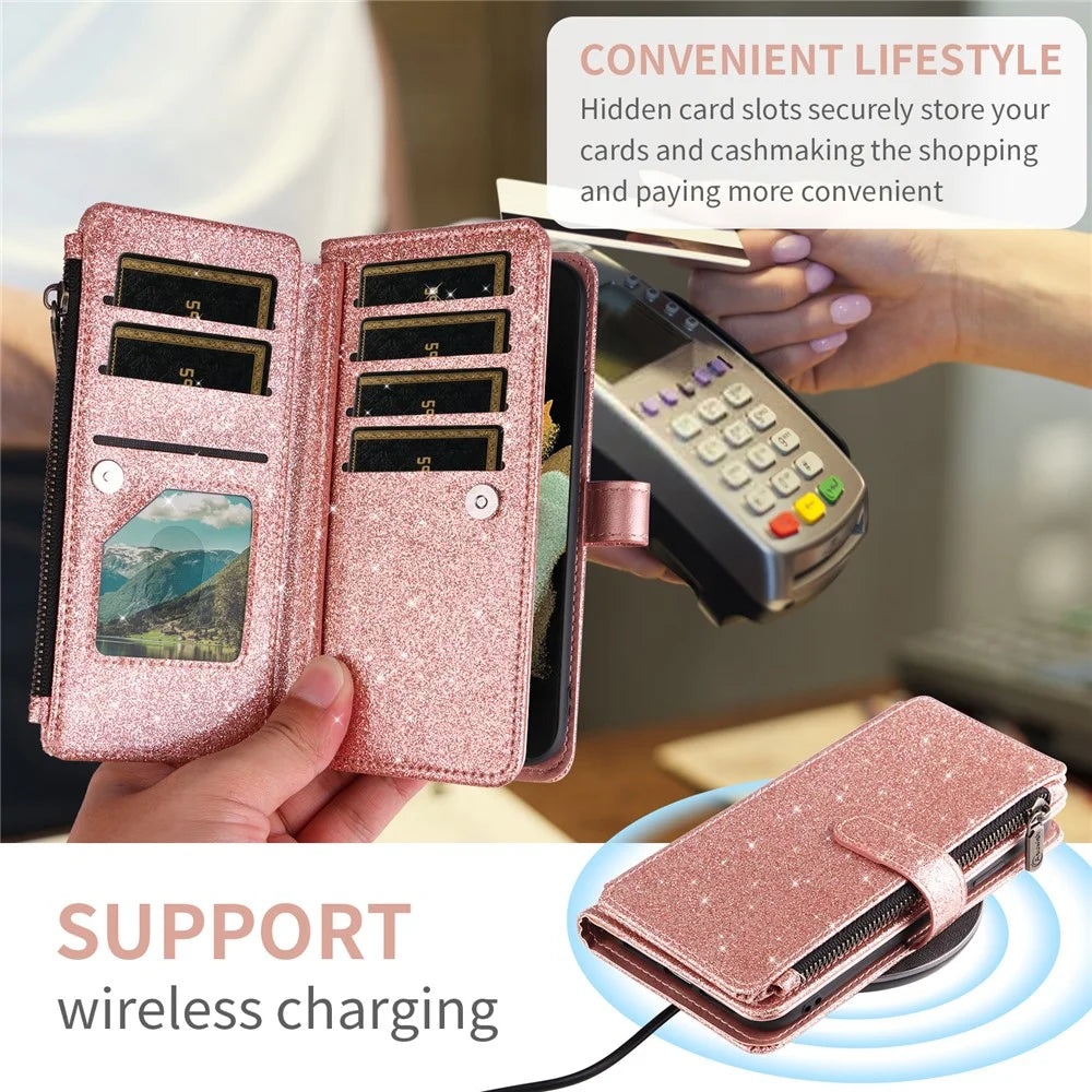 ASUWISH For iPhone 17 Pro Max Case 10 Card Holder Glitter Leather Phone Cover with Crossbody Strap - Rose Gold - 4
