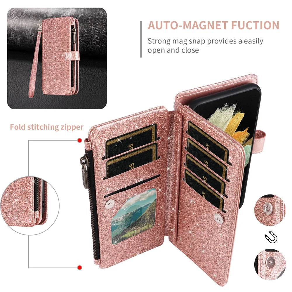 ASUWISH For iPhone 17 Pro Max Case 10 Card Holder Glitter Leather Phone Cover with Crossbody Strap - Rose Gold - 5
