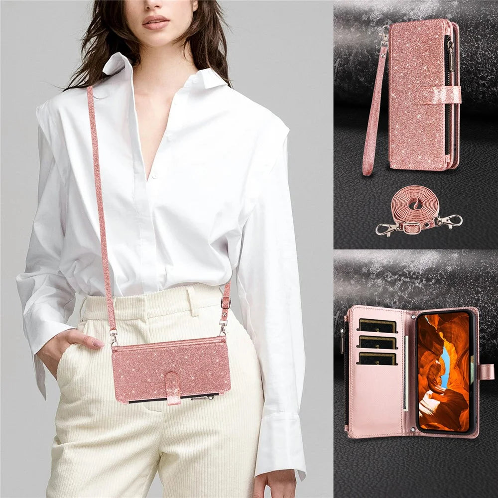 ASUWISH For iPhone 17 Pro Max Case 10 Card Holder Glitter Leather Phone Cover with Crossbody Strap - Rose Gold - 6