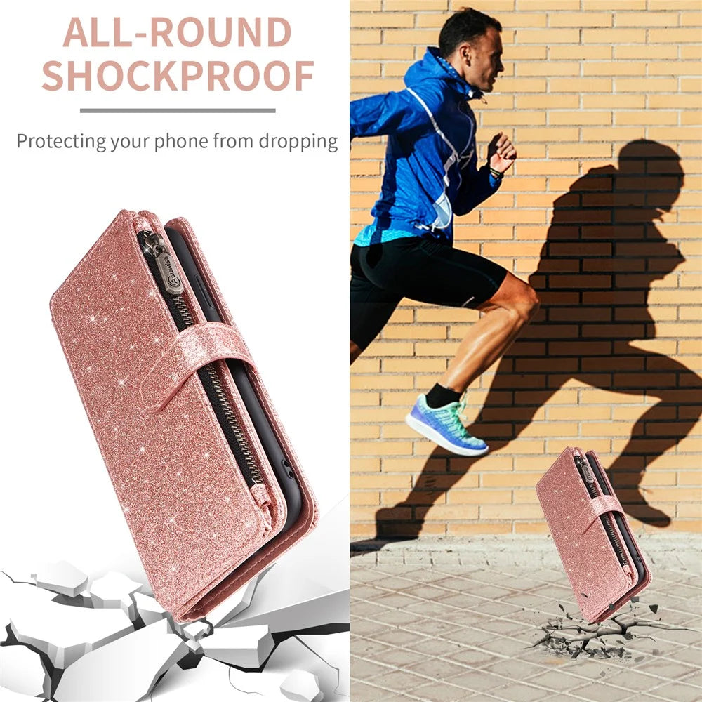 ASUWISH For iPhone 17 Pro Max Case 10 Card Holder Glitter Leather Phone Cover with Crossbody Strap - Rose Gold - 7