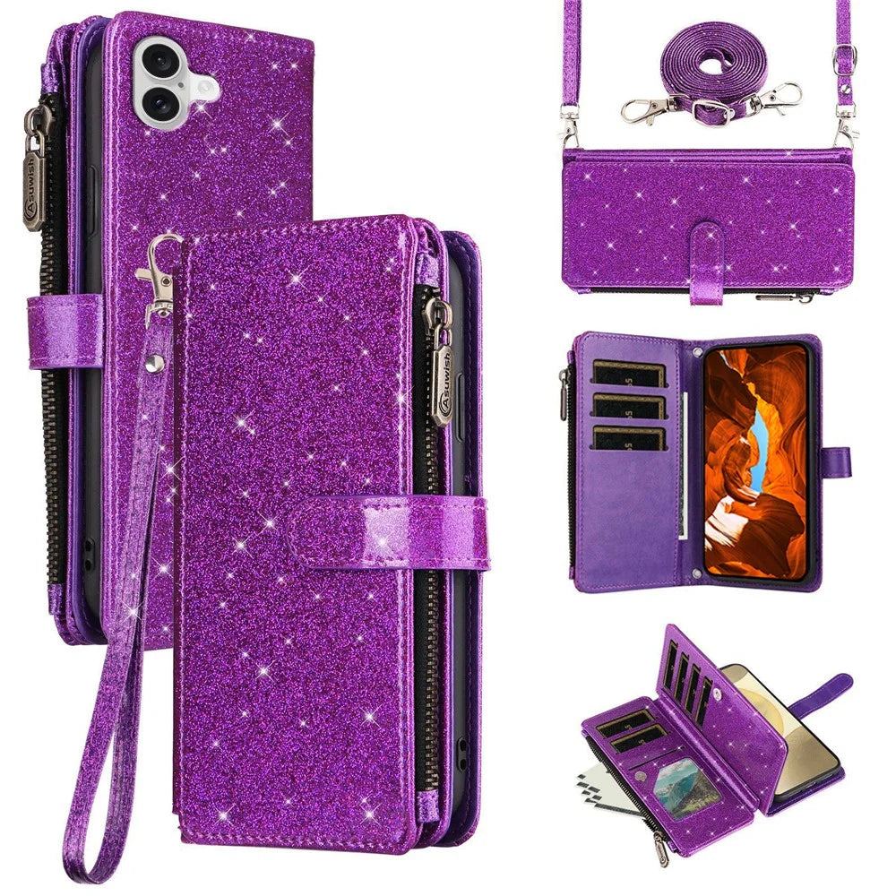 ASUWISH For iPhone 16 Case 10 Card Holder Glitter Leather Phone Cover with Crossbody Strap - Purple - 1