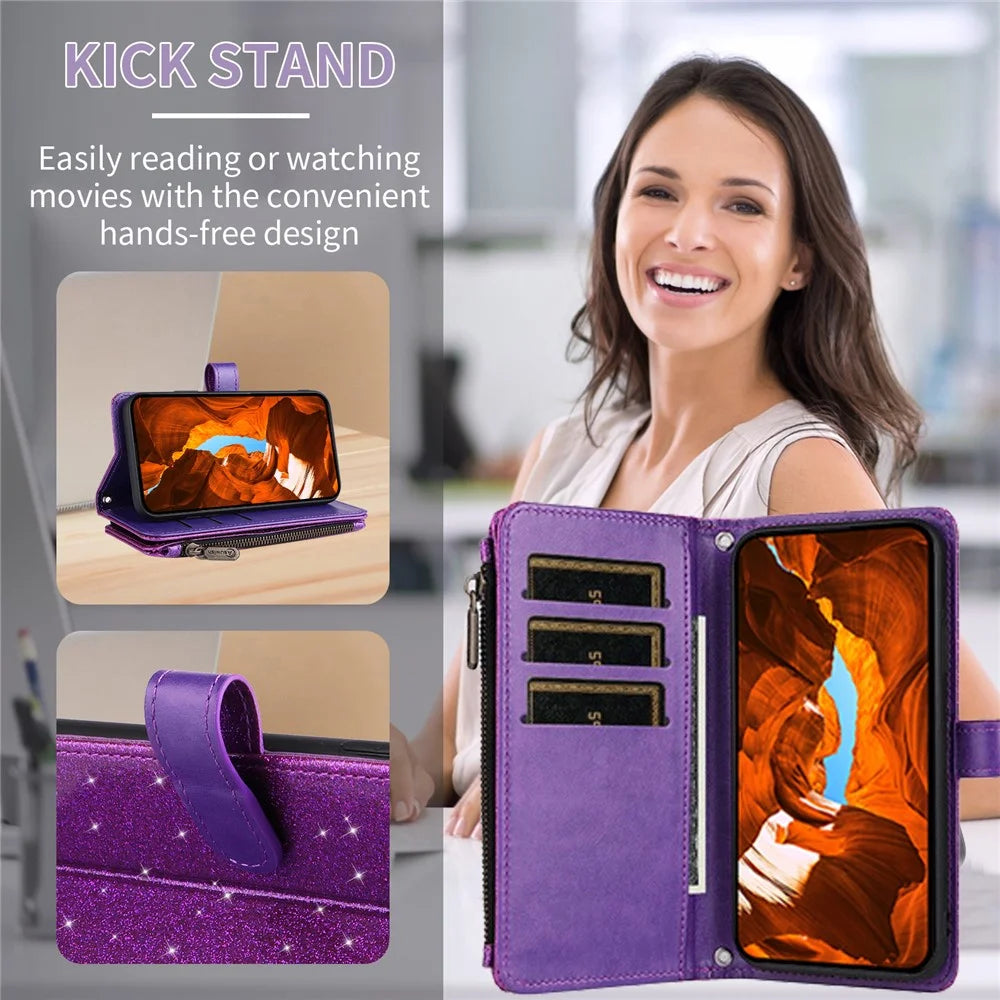 ASUWISH For iPhone 16 Case 10 Card Holder Glitter Leather Phone Cover with Crossbody Strap - Purple - 3