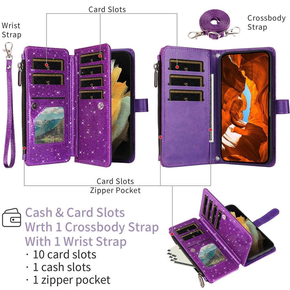 ASUWISH For iPhone 16 Plus Case 10 Card Holder Glitter Leather Phone Cover with Crossbody Strap - Purple - 2
