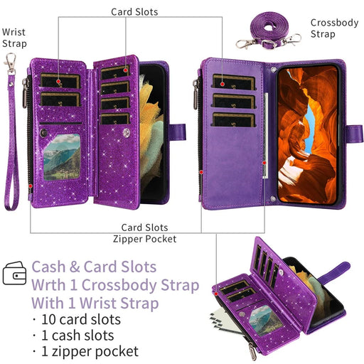 ASUWISH For iPhone 16 Plus Case 10 Card Holder Glitter Leather Phone Cover with Crossbody Strap - Purple - 2
