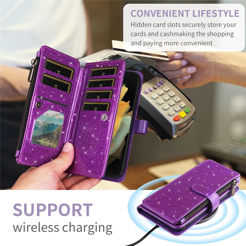 ASUWISH For iPhone 16 Plus Case 10 Card Holder Glitter Leather Phone Cover with Crossbody Strap - Purple - 4