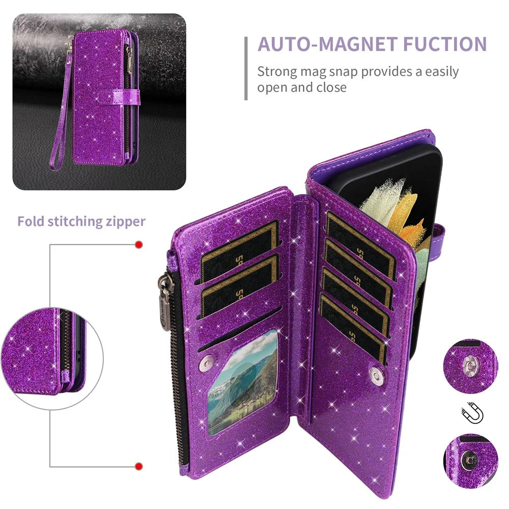 ASUWISH For iPhone 16 Plus Case 10 Card Holder Glitter Leather Phone Cover with Crossbody Strap - Purple - 5