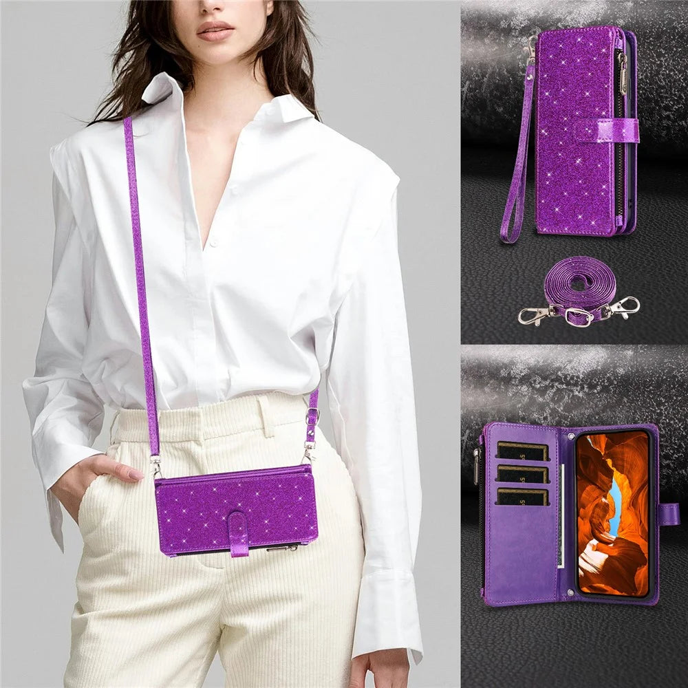 ASUWISH For iPhone 16 Plus Case 10 Card Holder Glitter Leather Phone Cover with Crossbody Strap - Purple - 6