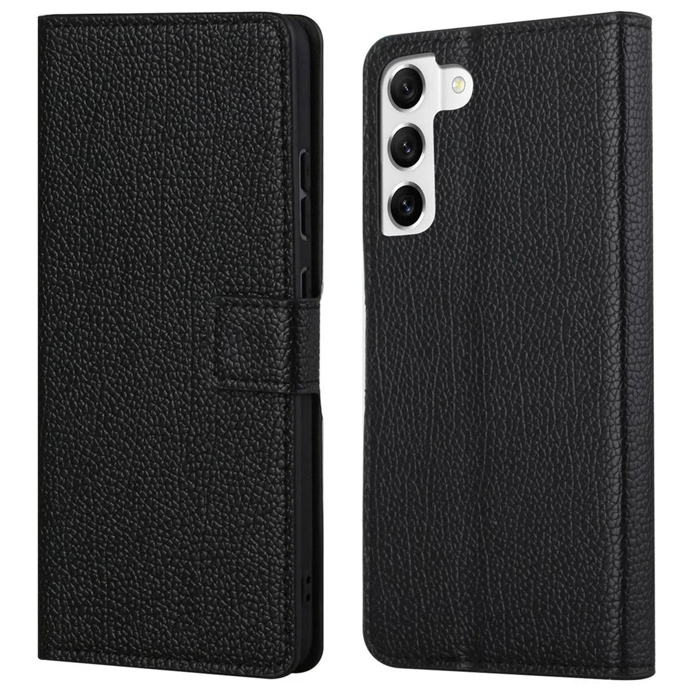 Litchi Texture Phone Case for Samsung Galaxy S23, Folio Flip PU Leather + TPU Phone Wallet Cover with Stand - Black - 1