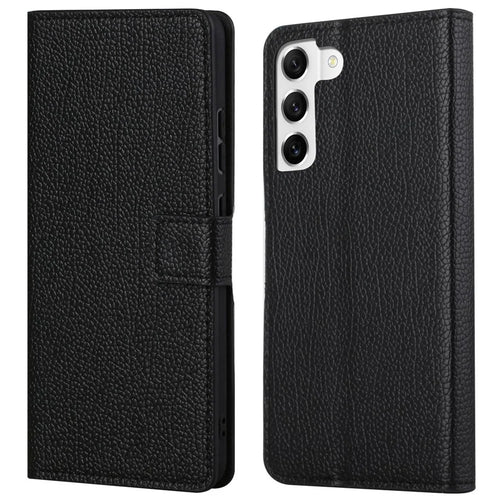 Litchi Texture Phone Case for Samsung Galaxy S23, Folio Flip PU Leather + TPU Phone Wallet Cover with Stand - Black - 1