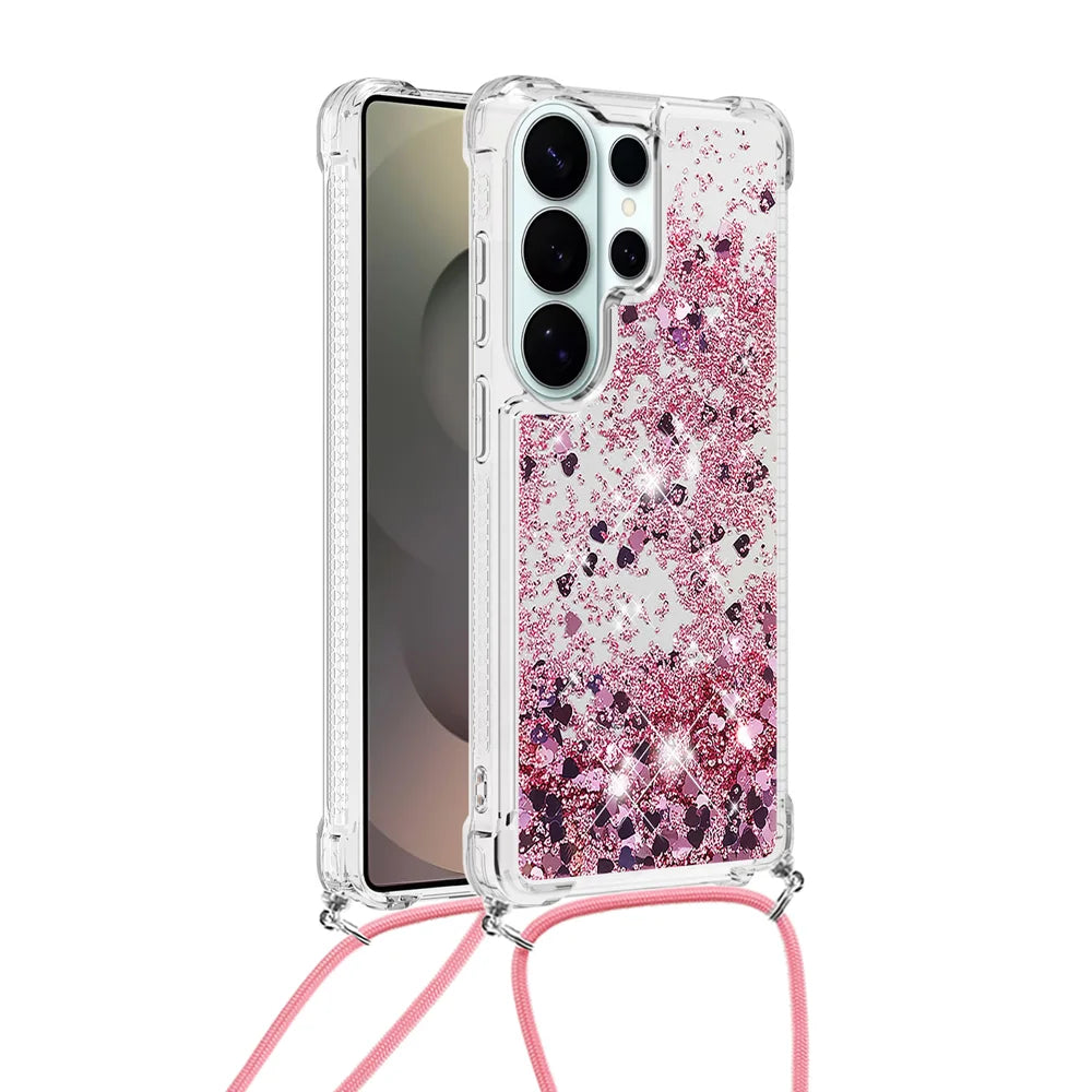 For Samsung Galaxy S26 Ultra TPU Case Quicksand Phone Cover with Lanyard - Rose Gold / Hearts - 1