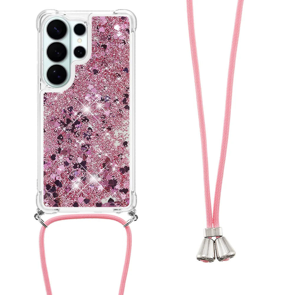 For Samsung Galaxy S26 Ultra TPU Case Quicksand Phone Cover with Lanyard - Rose Gold / Hearts - 2