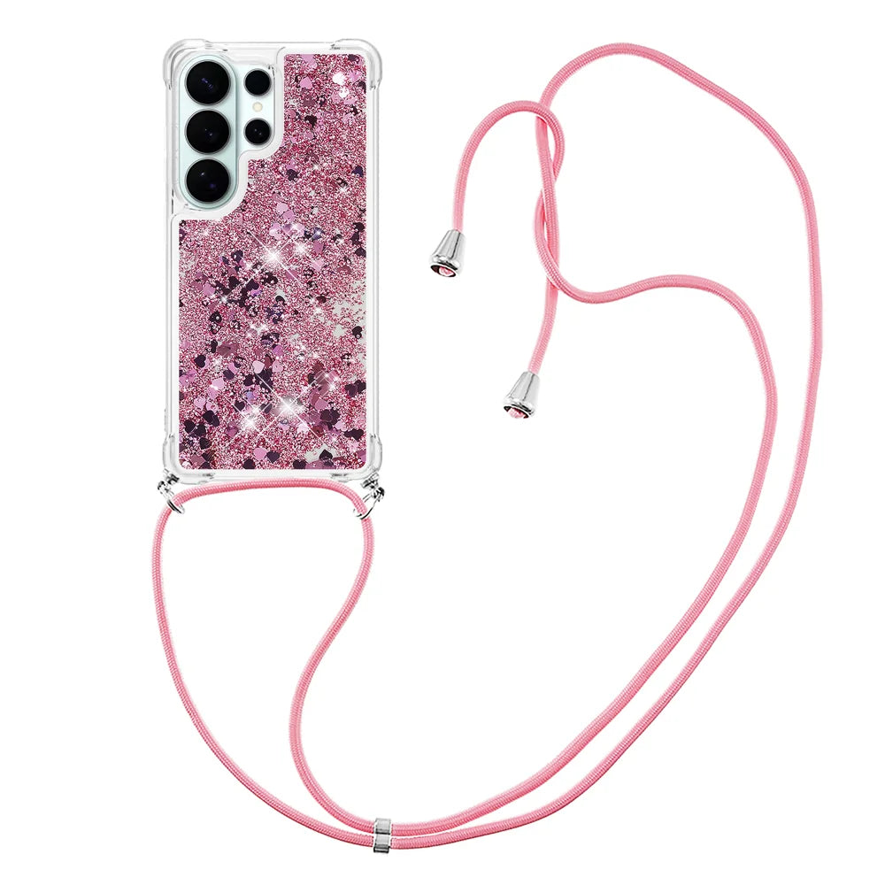 For Samsung Galaxy S26 Ultra TPU Case Quicksand Phone Cover with Lanyard - Rose Gold / Hearts - 3