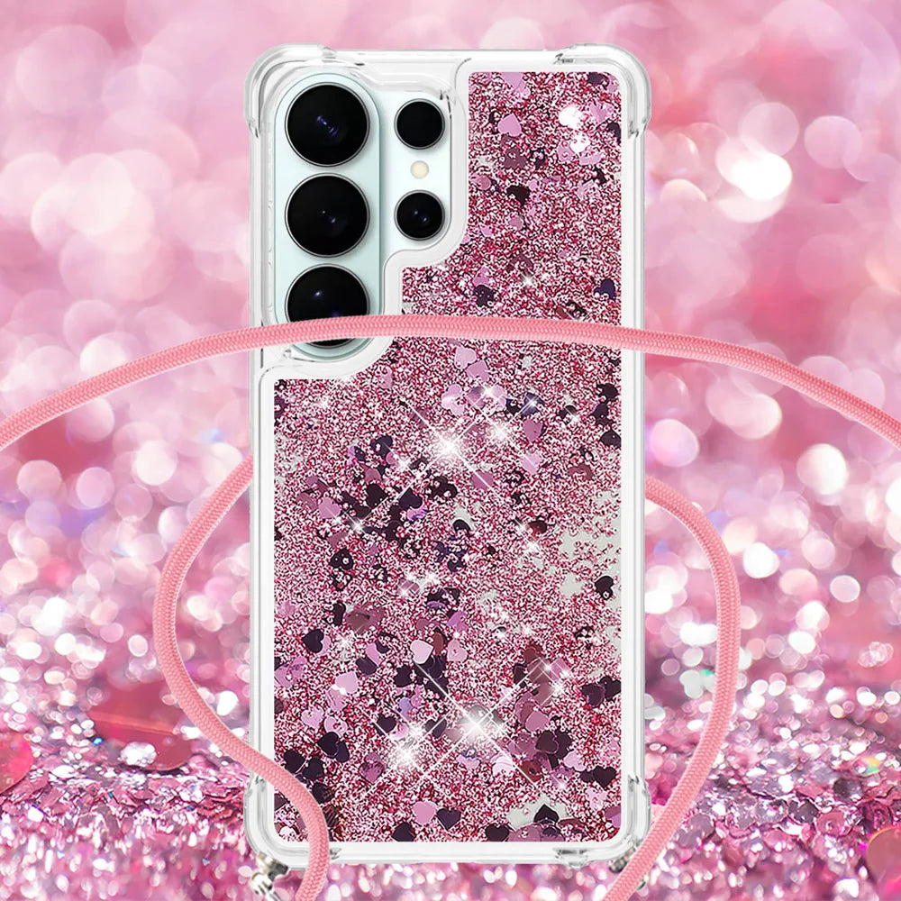 For Samsung Galaxy S26 Ultra TPU Case Quicksand Phone Cover with Lanyard - Rose Gold / Hearts - 4