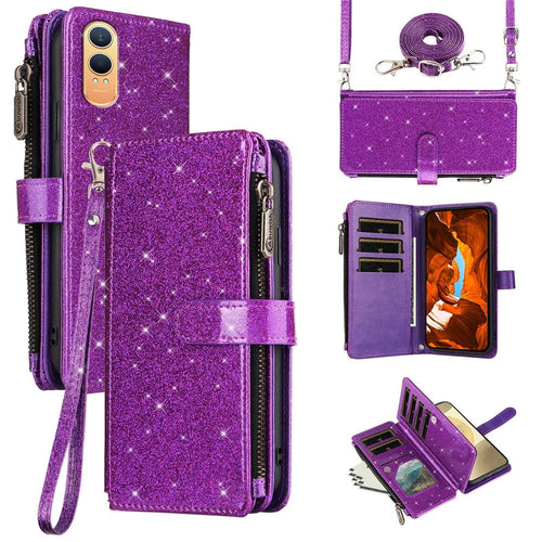 ASUWISH For OnePlus Nord CE4 Lite 5G  /  Oppo K12x 5G (China) Case 10 Card Holder Glitter Leather Phone Cover with Crossbody Strap - Purple - 1