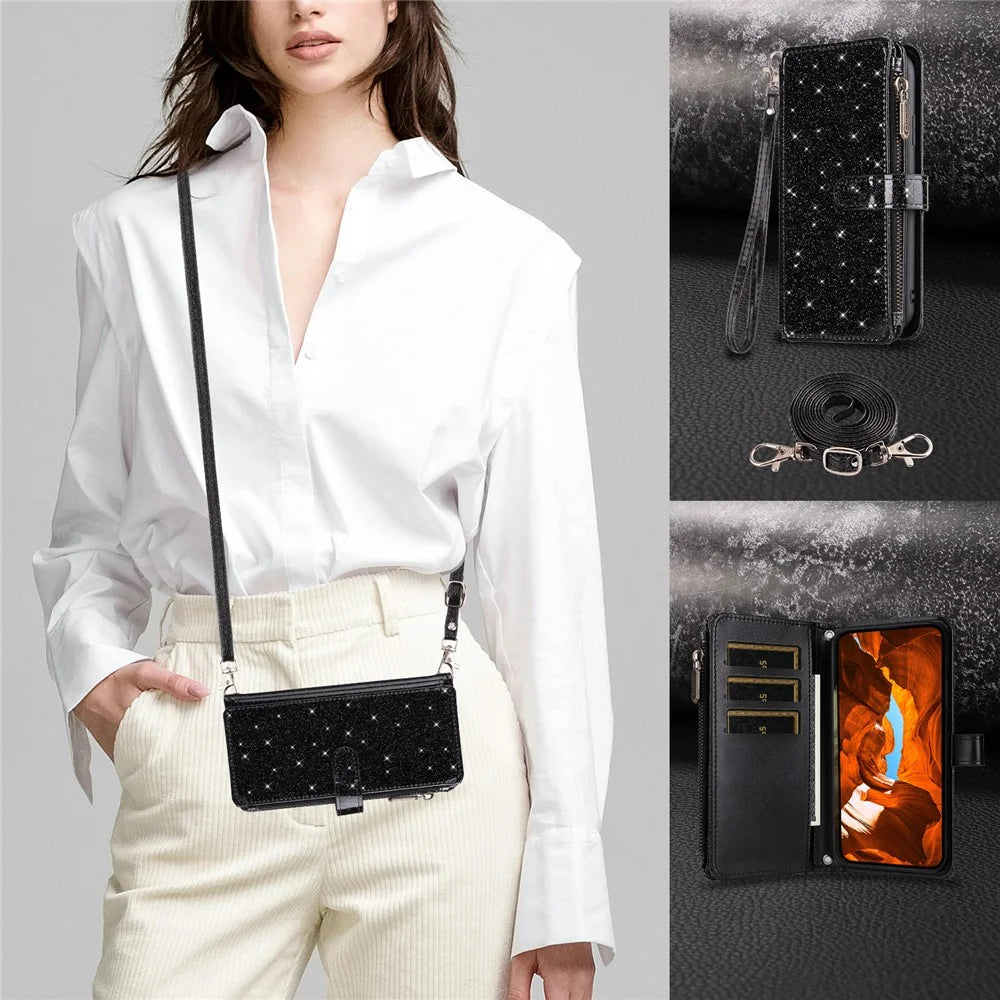 ASUWISH For OnePlus Nord 5 5G  /  Ace 5 Ultra 5G Case 10 Card Holder Glitter Leather Phone Cover with Crossbody Strap - Black - 6