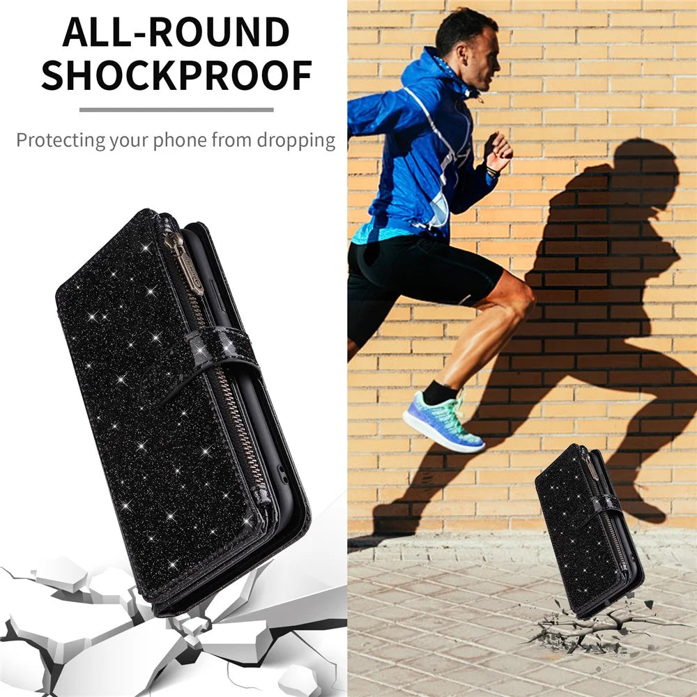 ASUWISH For OnePlus Nord 5 5G  /  Ace 5 Ultra 5G Case 10 Card Holder Glitter Leather Phone Cover with Crossbody Strap - Black - 7