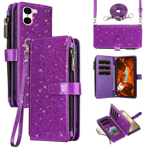 ASUWISH For OnePlus Nord CE5 5G  /  Ace 5 Racing 5G Case 10 Card Holder Glitter Leather Phone Cover with Crossbody Strap - Purple - 1