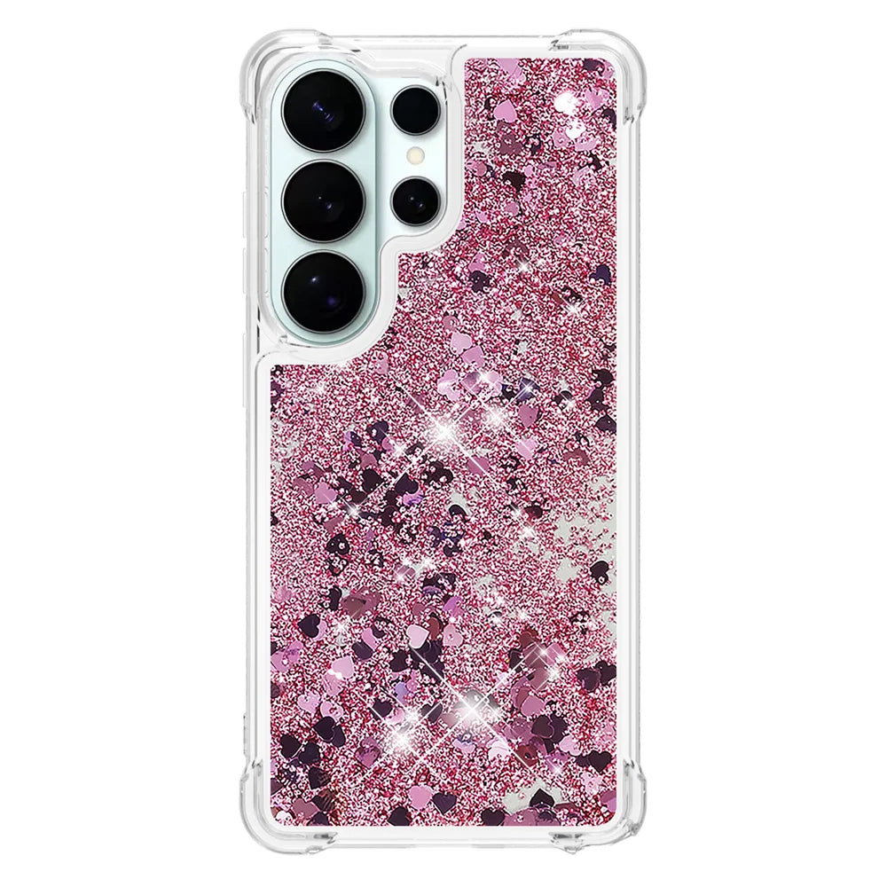 For Samsung Galaxy S26 Ultra TPU Case Glitter Quicksand Shockproof Phone Back Cover - Rose Gold / Hearts - 3