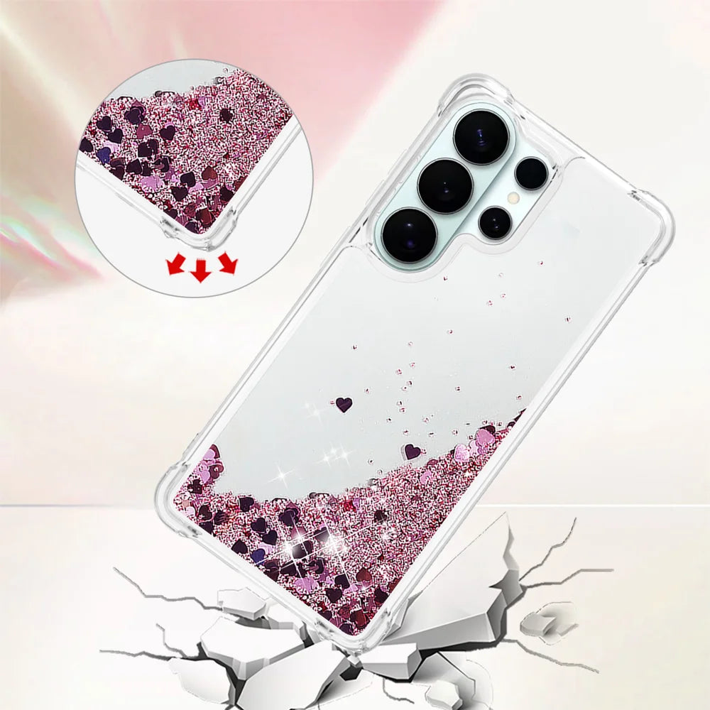 For Samsung Galaxy S26 Ultra TPU Case Glitter Quicksand Shockproof Phone Back Cover - Rose Gold / Hearts - 4