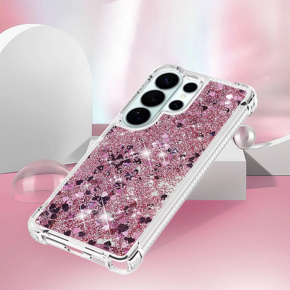 For Samsung Galaxy S26 Ultra TPU Case Glitter Quicksand Shockproof Phone Back Cover - Rose Gold / Hearts - 5