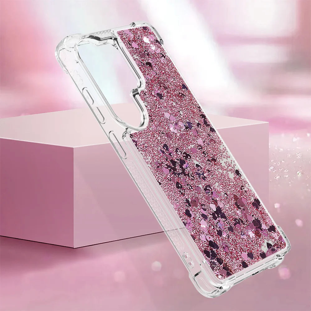 For Samsung Galaxy S26 Ultra TPU Case Glitter Quicksand Shockproof Phone Back Cover - Rose Gold / Hearts - 6