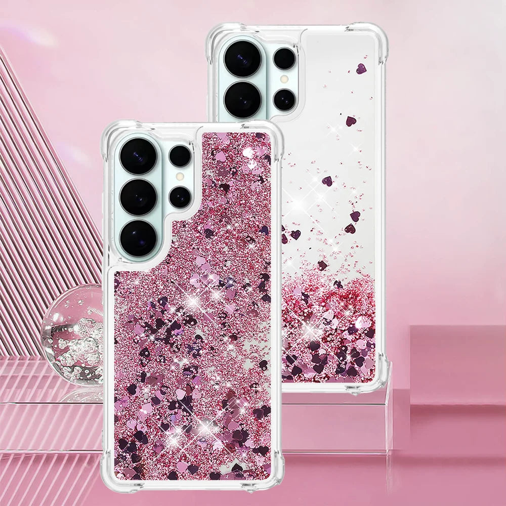 For Samsung Galaxy S26 Ultra TPU Case Glitter Quicksand Shockproof Phone Back Cover - Rose Gold / Hearts - 7