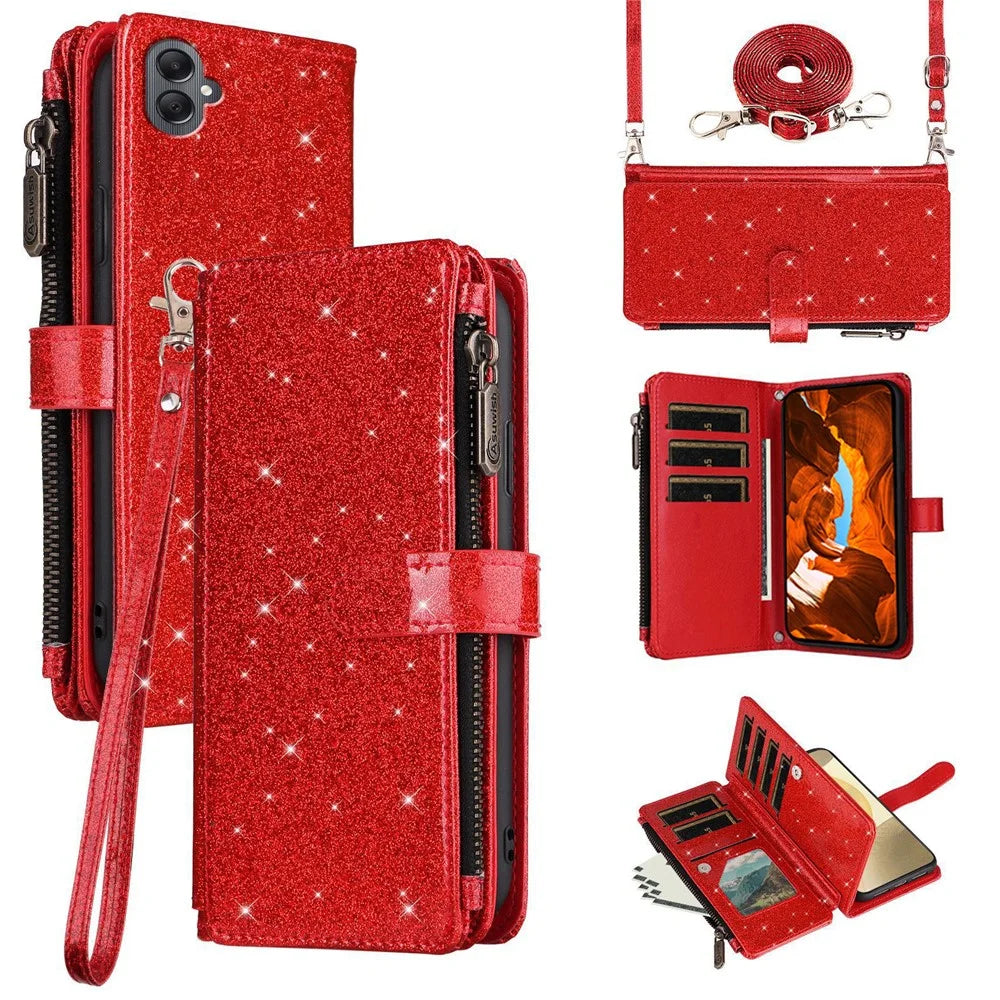 ASUWISH For Samsung Galaxy A06 4G Case 10 Card Holder Glitter Leather Phone Cover with Crossbody Strap - Red - 1