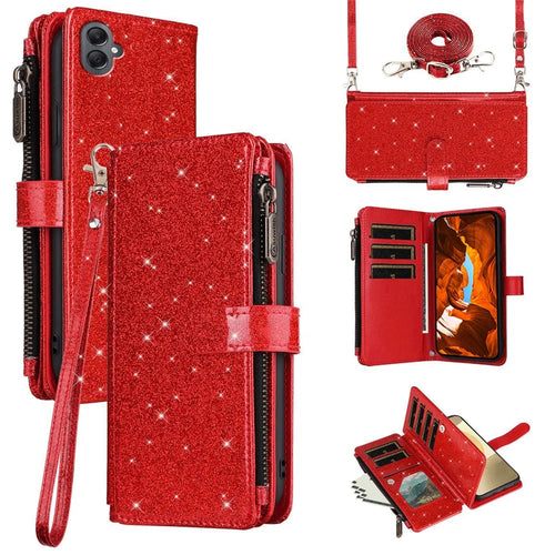 ASUWISH For Samsung Galaxy A06 4G Case 10 Card Holder Glitter Leather Phone Cover with Crossbody Strap - Red - 1