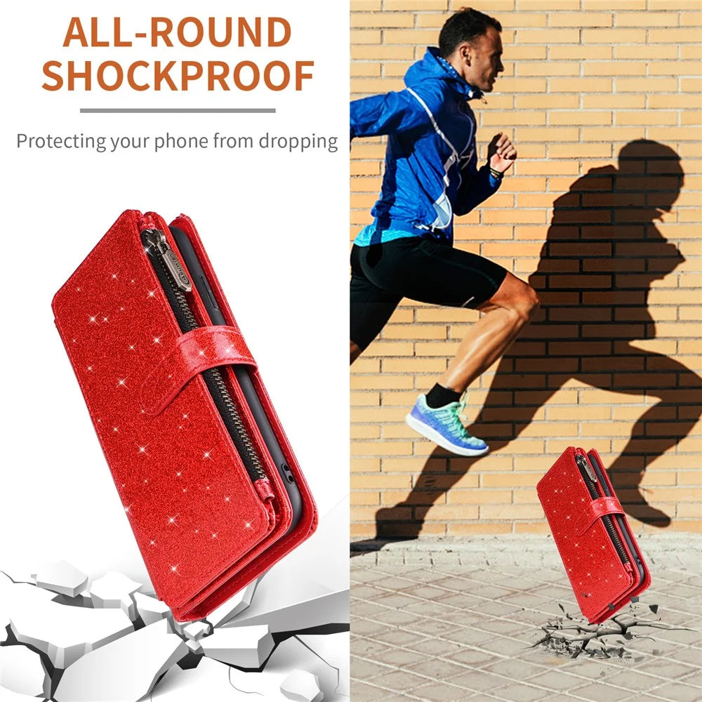 ASUWISH For Samsung Galaxy A06 4G Case 10 Card Holder Glitter Leather Phone Cover with Crossbody Strap - Red - 7