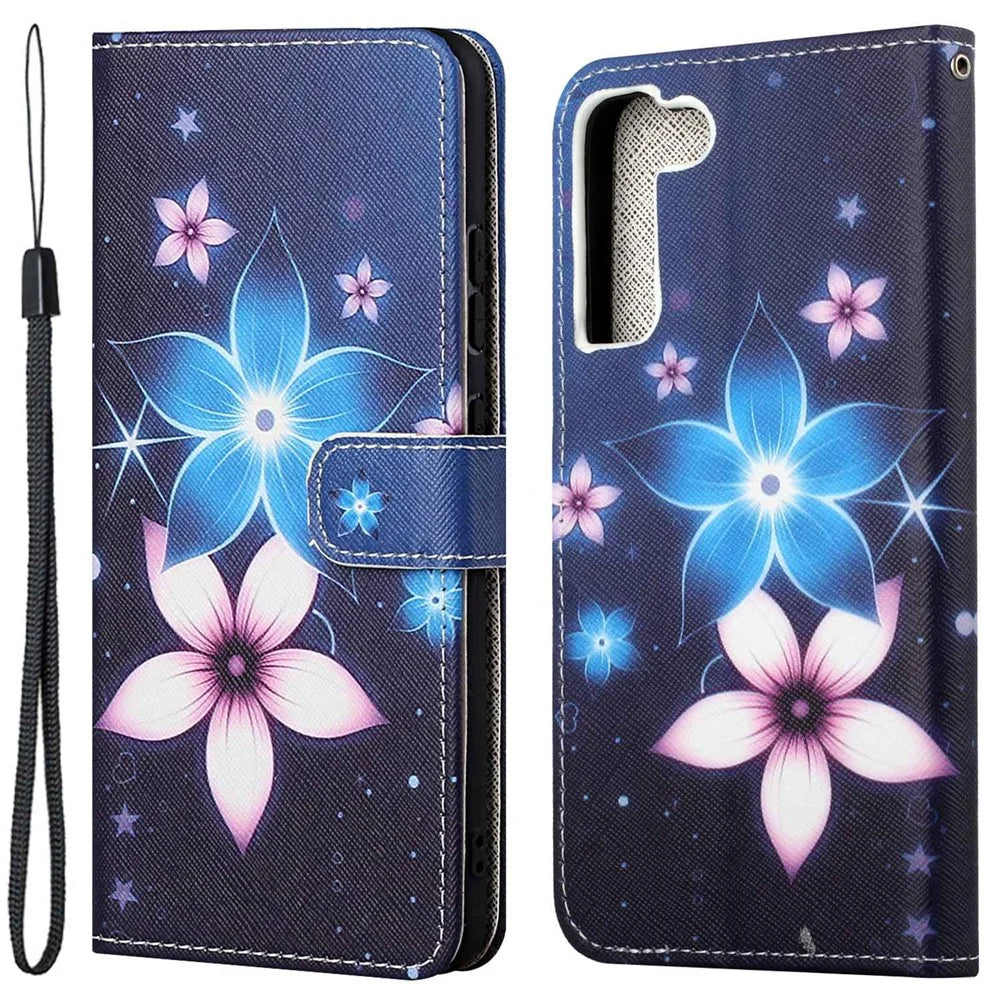 For Samsung Galaxy S23 Cross Texture PU Leather Scratch Proof Cover 3D Pattern Printing Foldable Stand Wallet Case - Blue Flower - 1